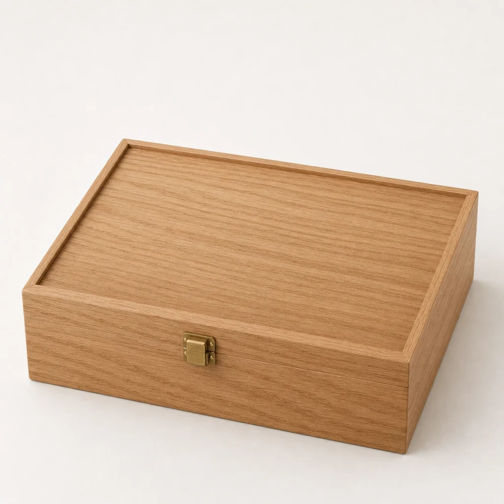 hotel tea bag wood box organizer with oak veneer closed front view