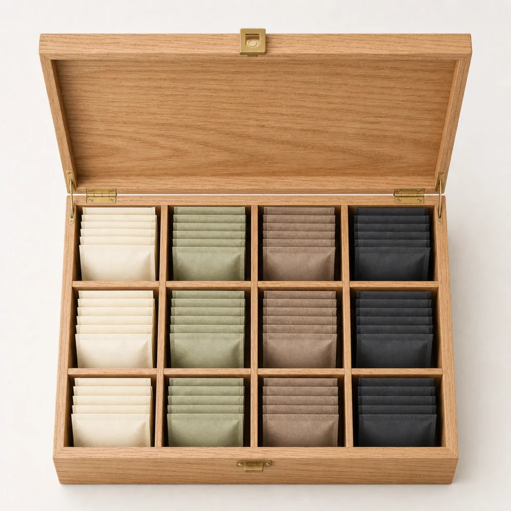 hotel tea bag wood box organizer with oak veneer top down interior view