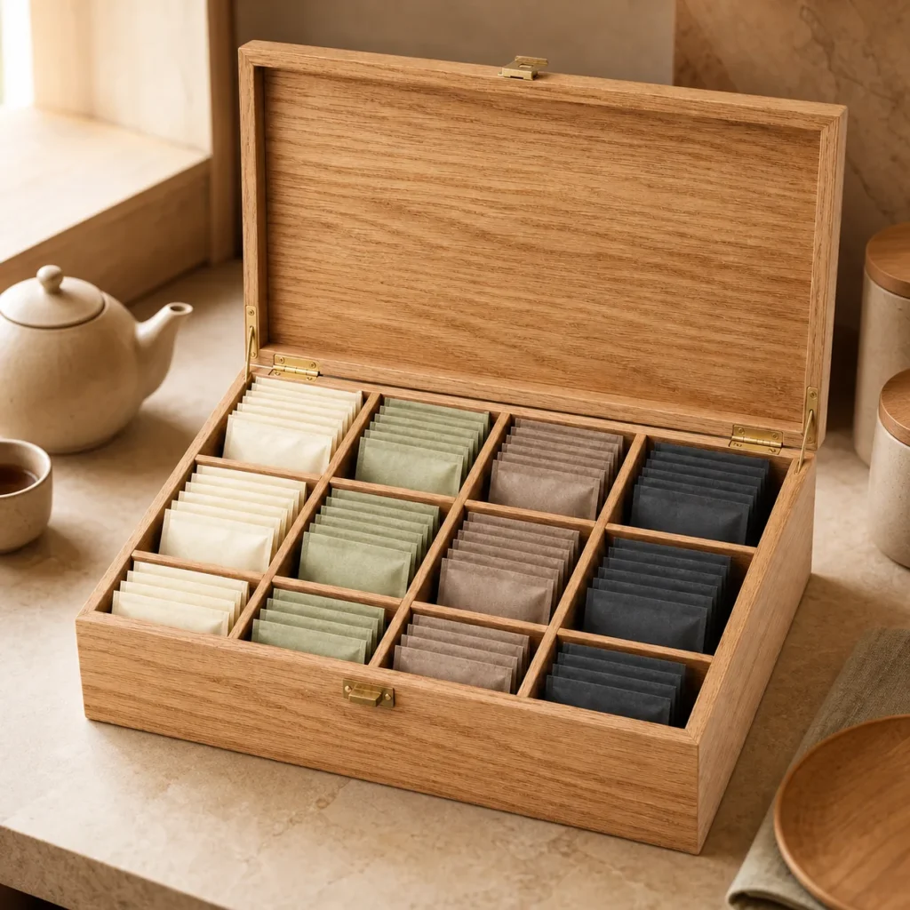 hotel tea bag wood box organizer with oak veneer showroom application scene