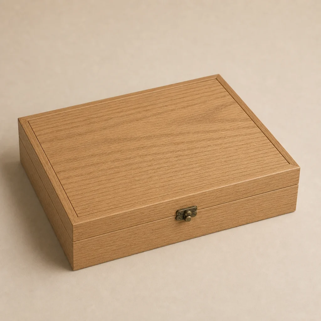 gourmet cheese wooden box with oak finish dividers closed front view