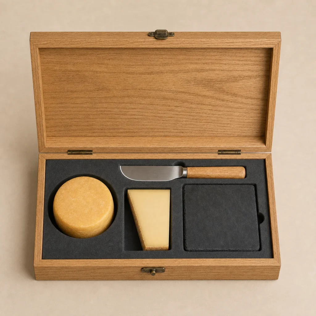 gourmet cheese wooden box with oak finish dividers top down interior view