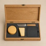 gourmet cheese wooden box with oak finish dividers top down interior view