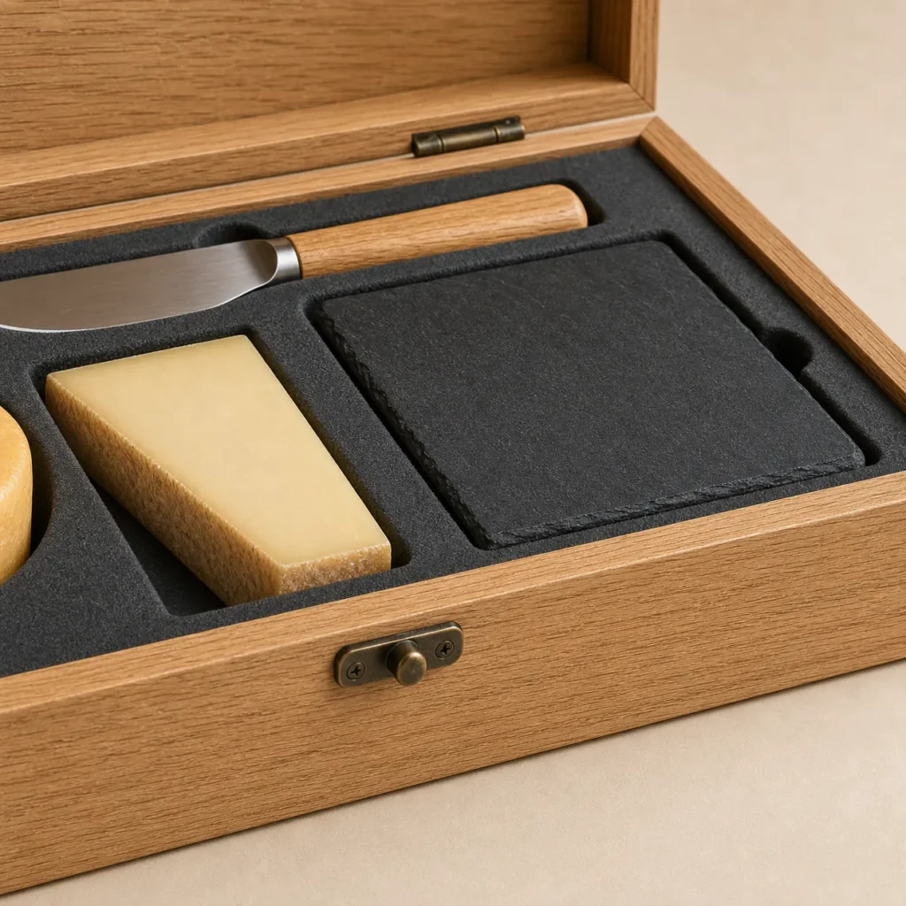 gourmet cheese wooden box with oak finish dividers craft and finish detail