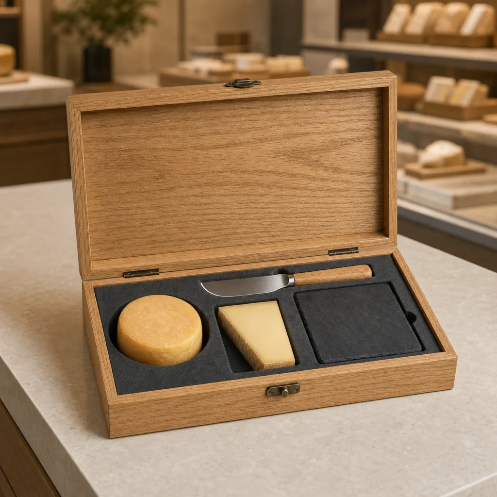 gourmet cheese wooden box with oak finish dividers showroom application scene