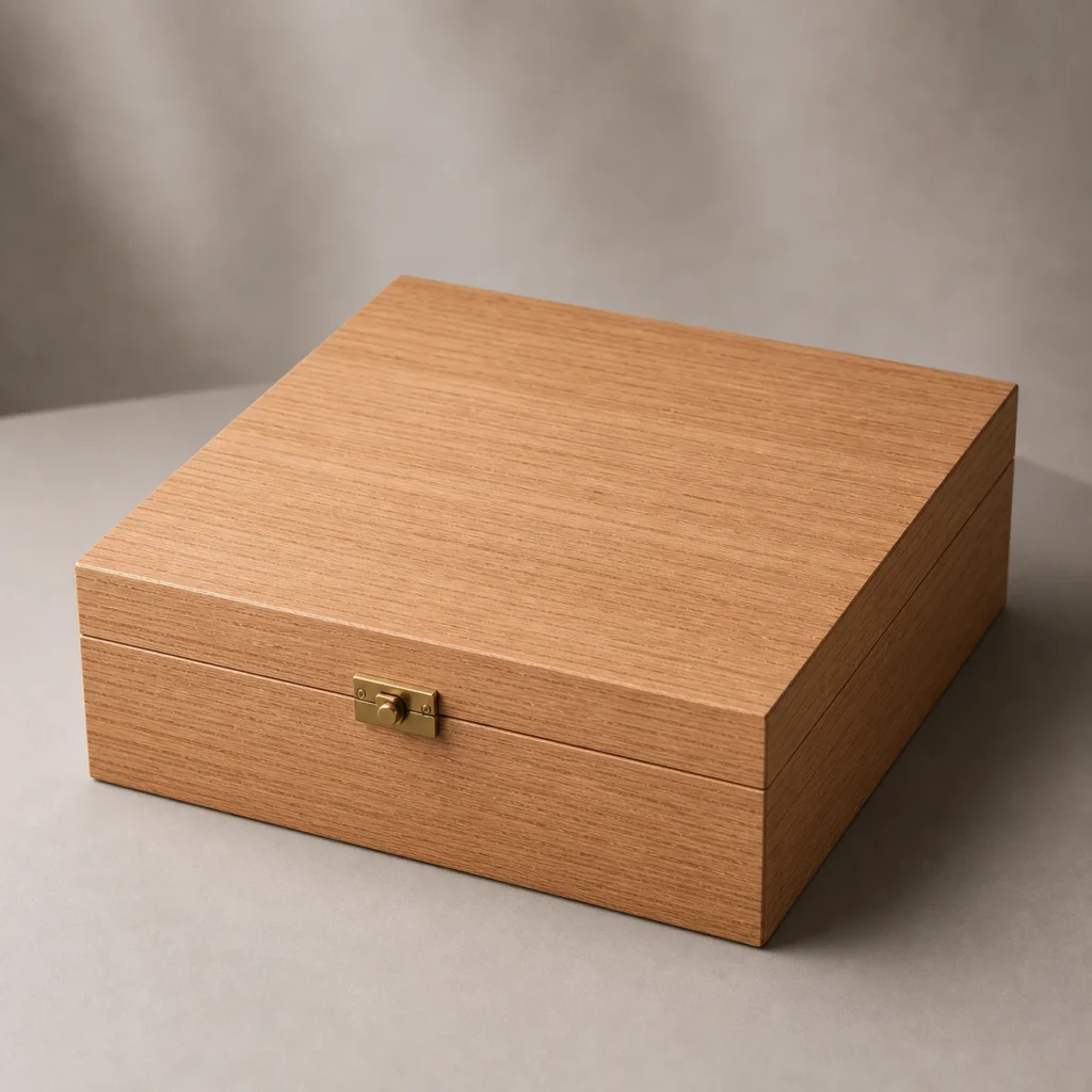 oak veneer wooden box for corporate event gifts closed front view