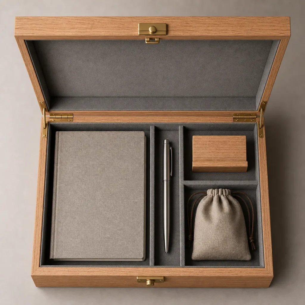 oak veneer wooden box for corporate event gifts top down interior view