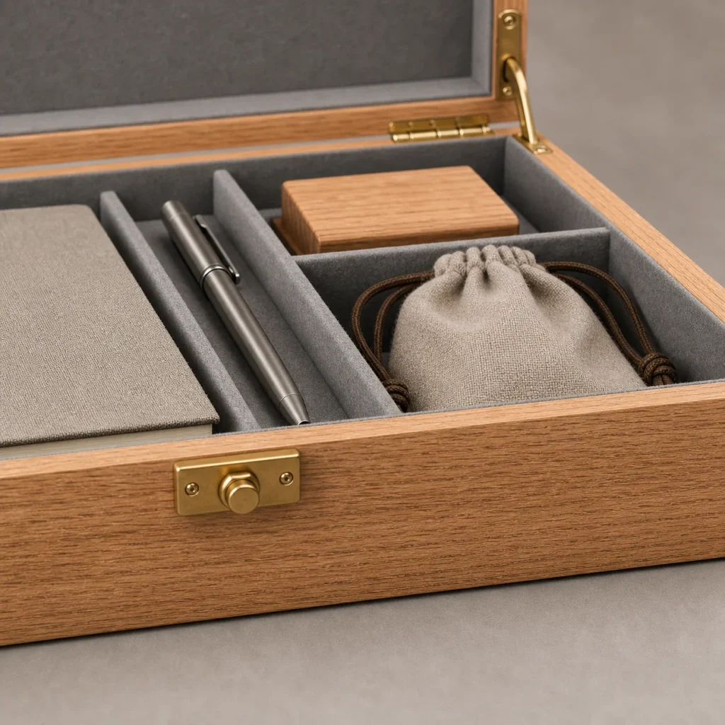 oak veneer wooden box for corporate event gifts craft and finish detail
