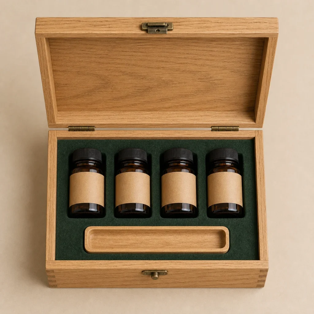 herbal capsule bottle wooden box with oak finish top down interior view