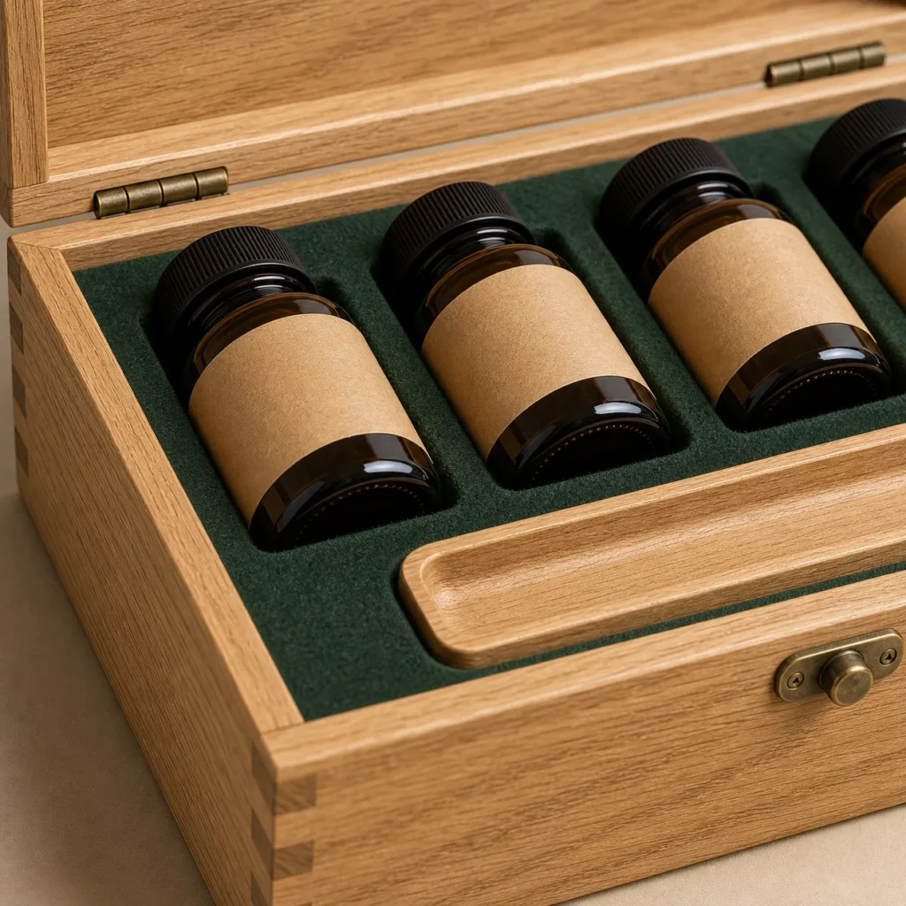 herbal capsule bottle wooden box with oak finish craft and finish detail