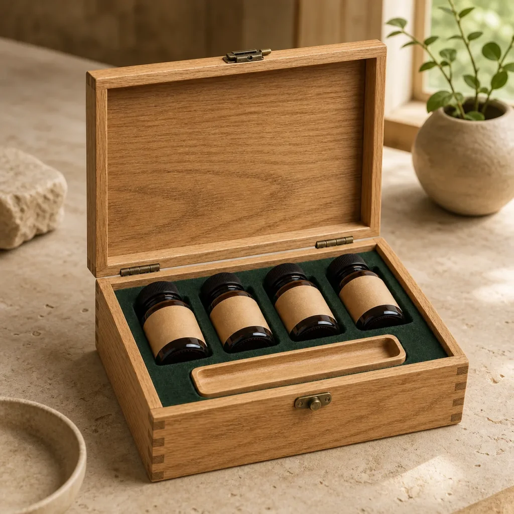 herbal capsule bottle wooden box with oak finish showroom application scene