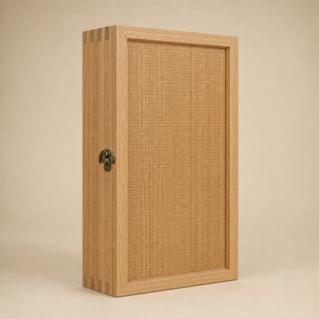 olive oil bottle wood case with oak veneer closed front view