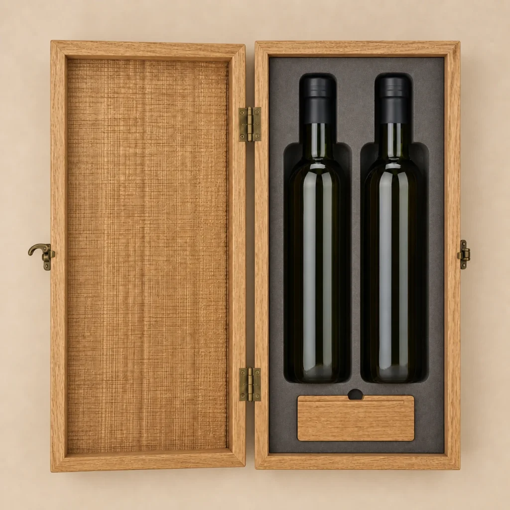 olive oil bottle wood case with oak veneer top down interior view