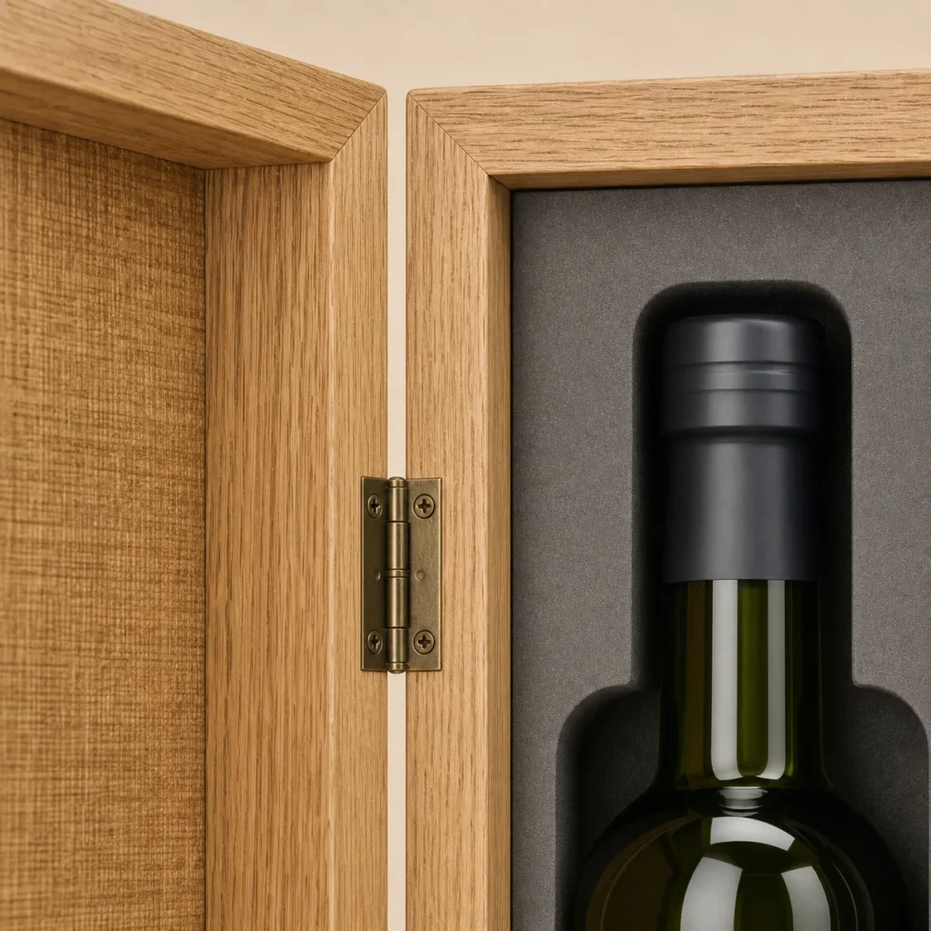 olive oil bottle wood case with oak veneer craft and finish detail