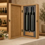 olive oil bottle wood case with oak veneer showroom application scene