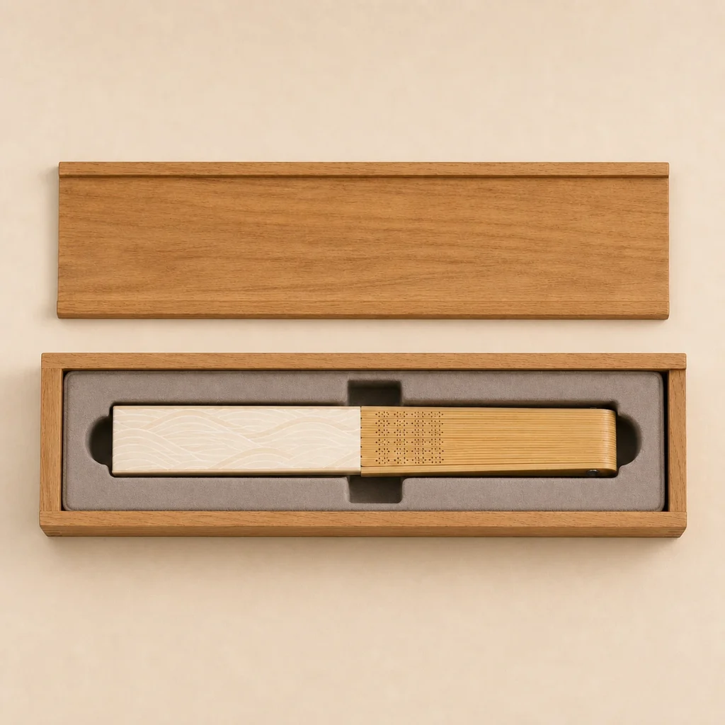 oak wooden box for folding fan presentation top down interior view