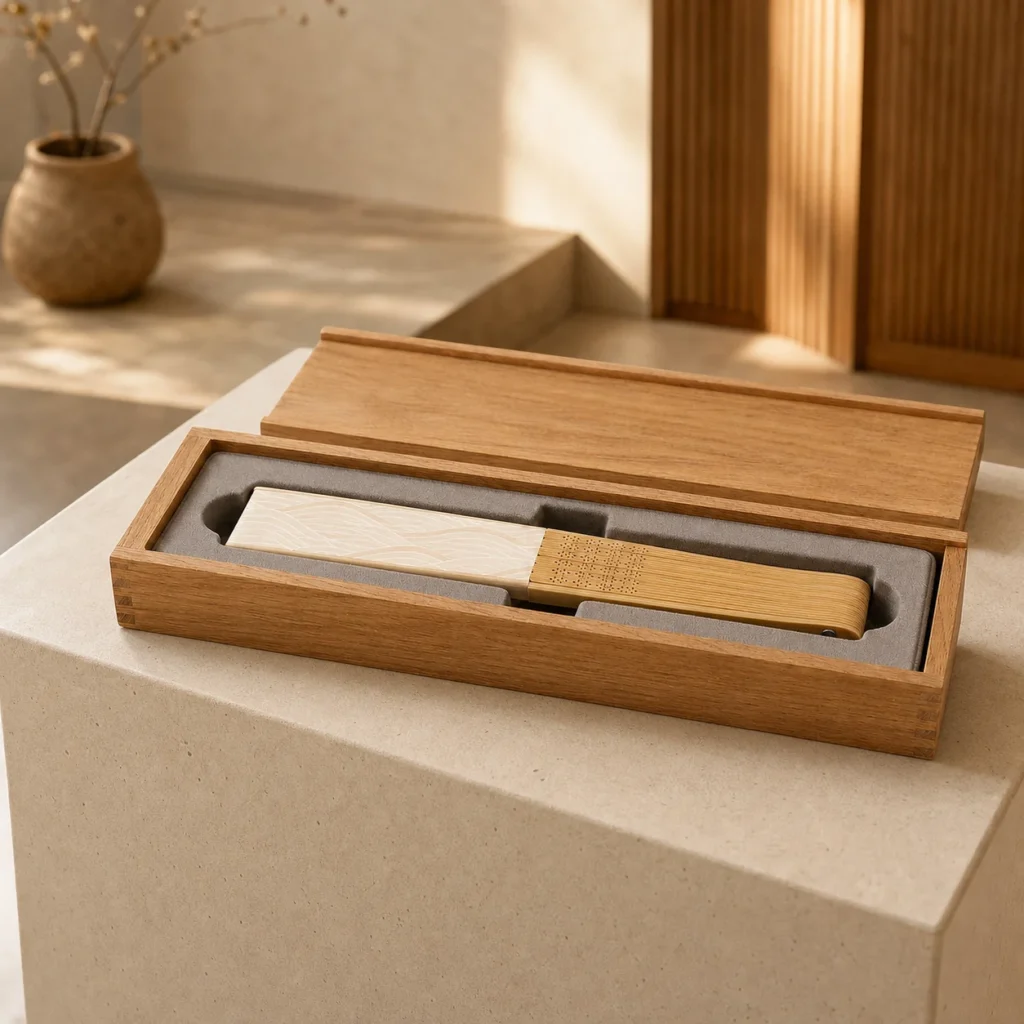 oak wooden box for folding fan presentation showroom application scene