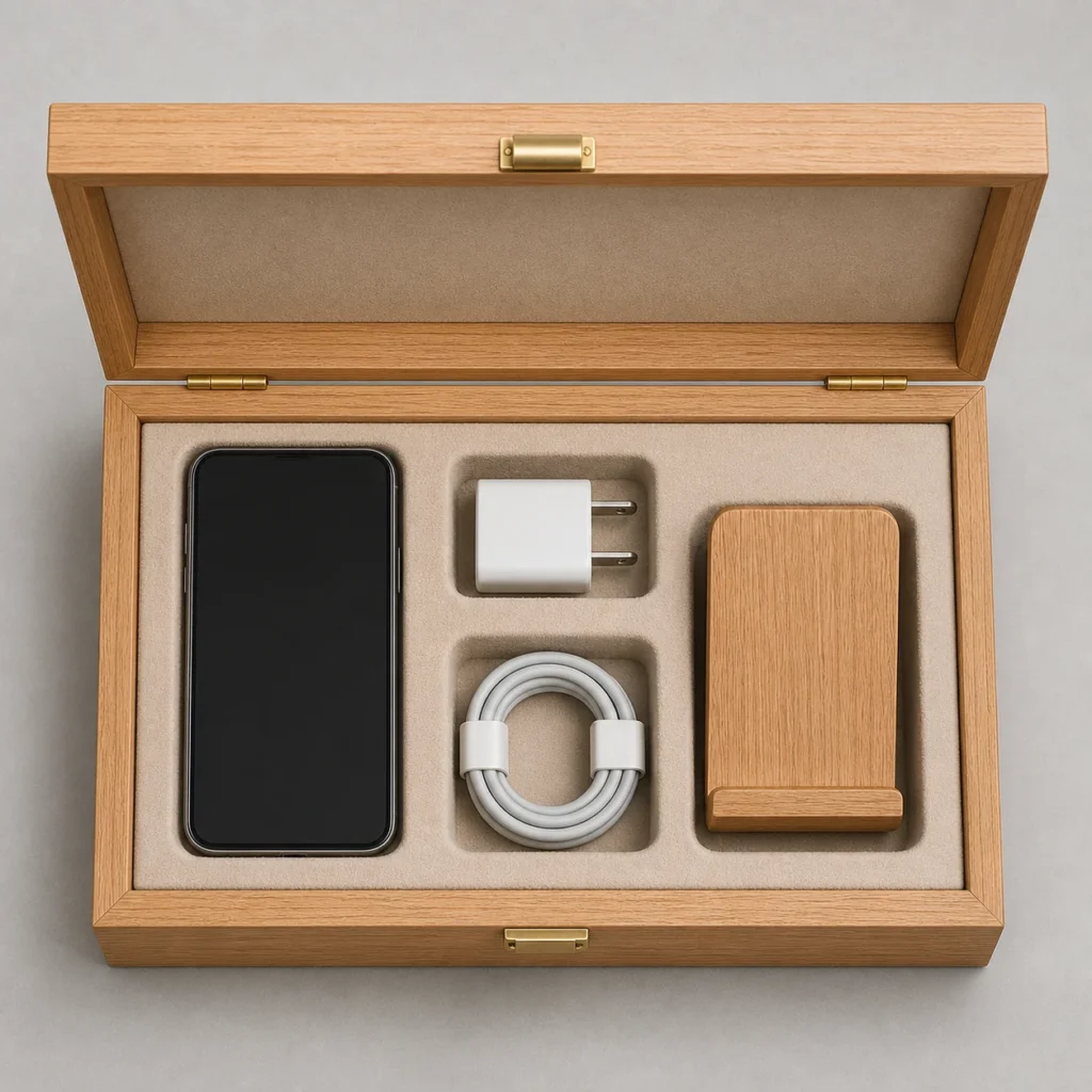 oak wooden box for smartphone accessory kits top down interior view