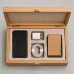 oak wooden box for smartphone accessory kits top down interior view