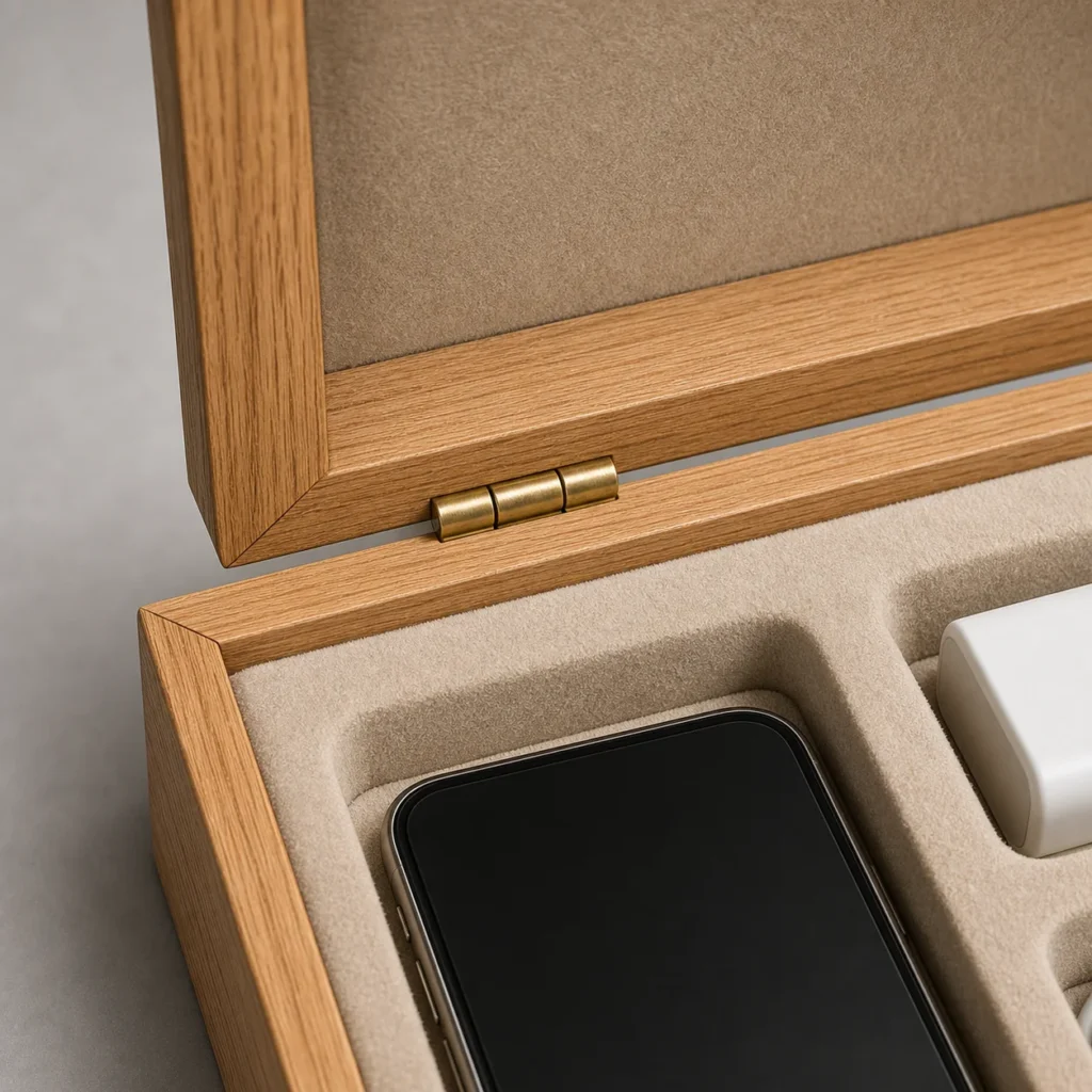 oak wooden box for smartphone accessory kits craft and finish detail
