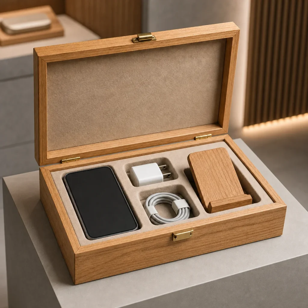oak wooden box for smartphone accessory kits showroom application scene