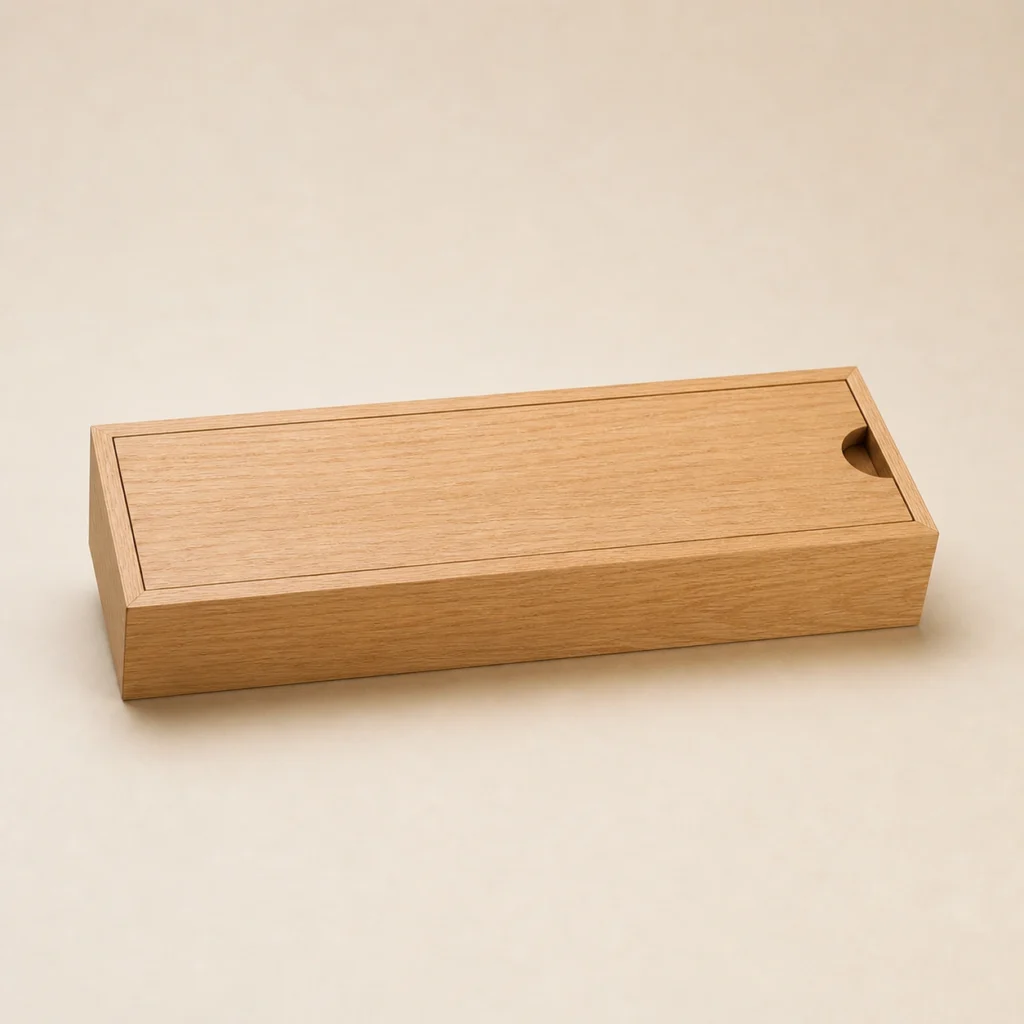 oak wooden box for skincare set packaging closed front view