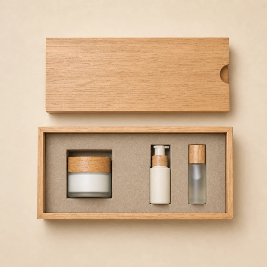 oak wooden box for skincare set packaging top down interior view