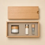 oak wooden box for skincare set packaging top down interior view