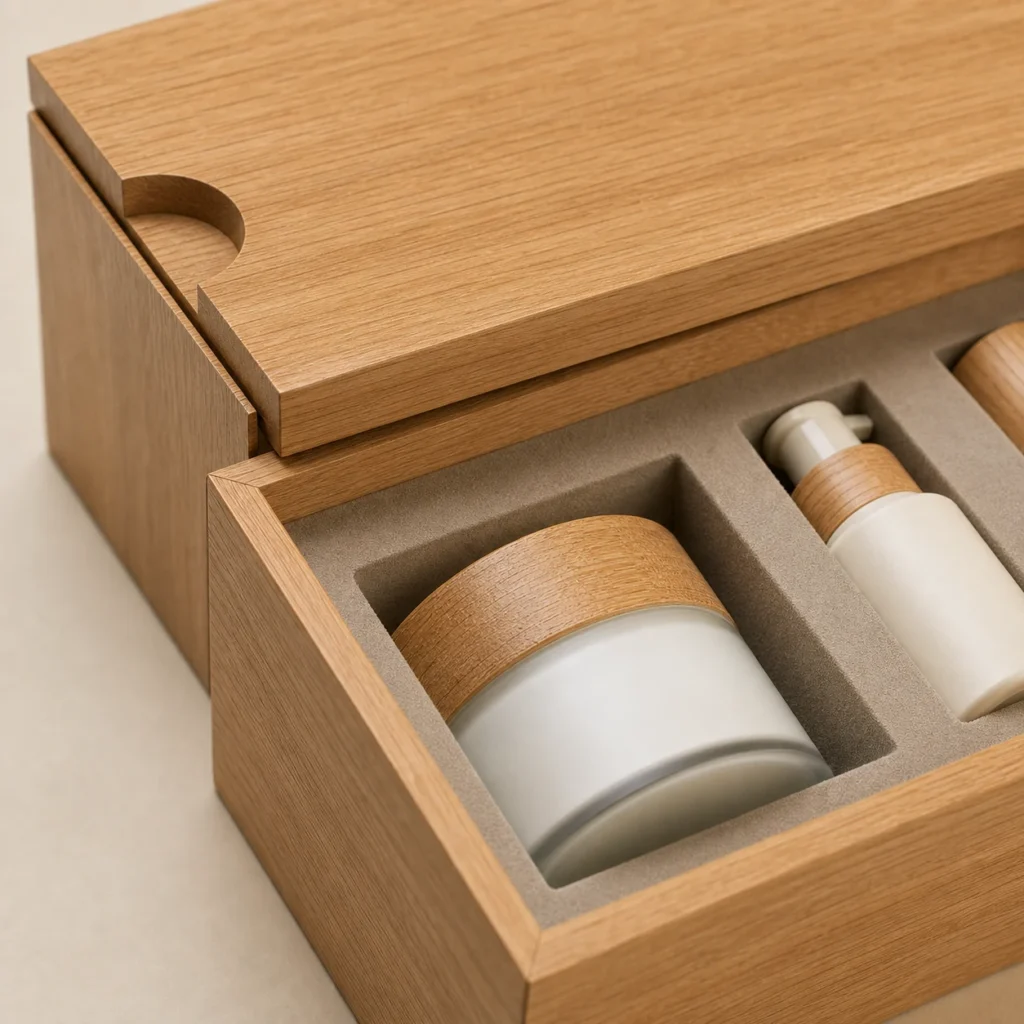 oak wooden box for skincare set packaging craft and finish detail