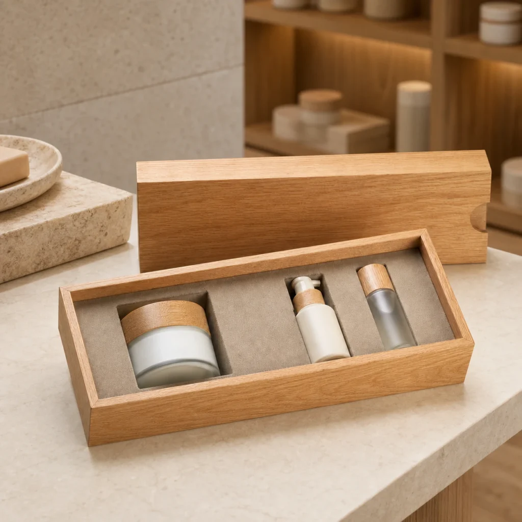 oak wooden box for skincare set packaging showroom application scene