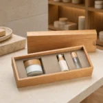 oak wooden box for skincare set packaging showroom application scene