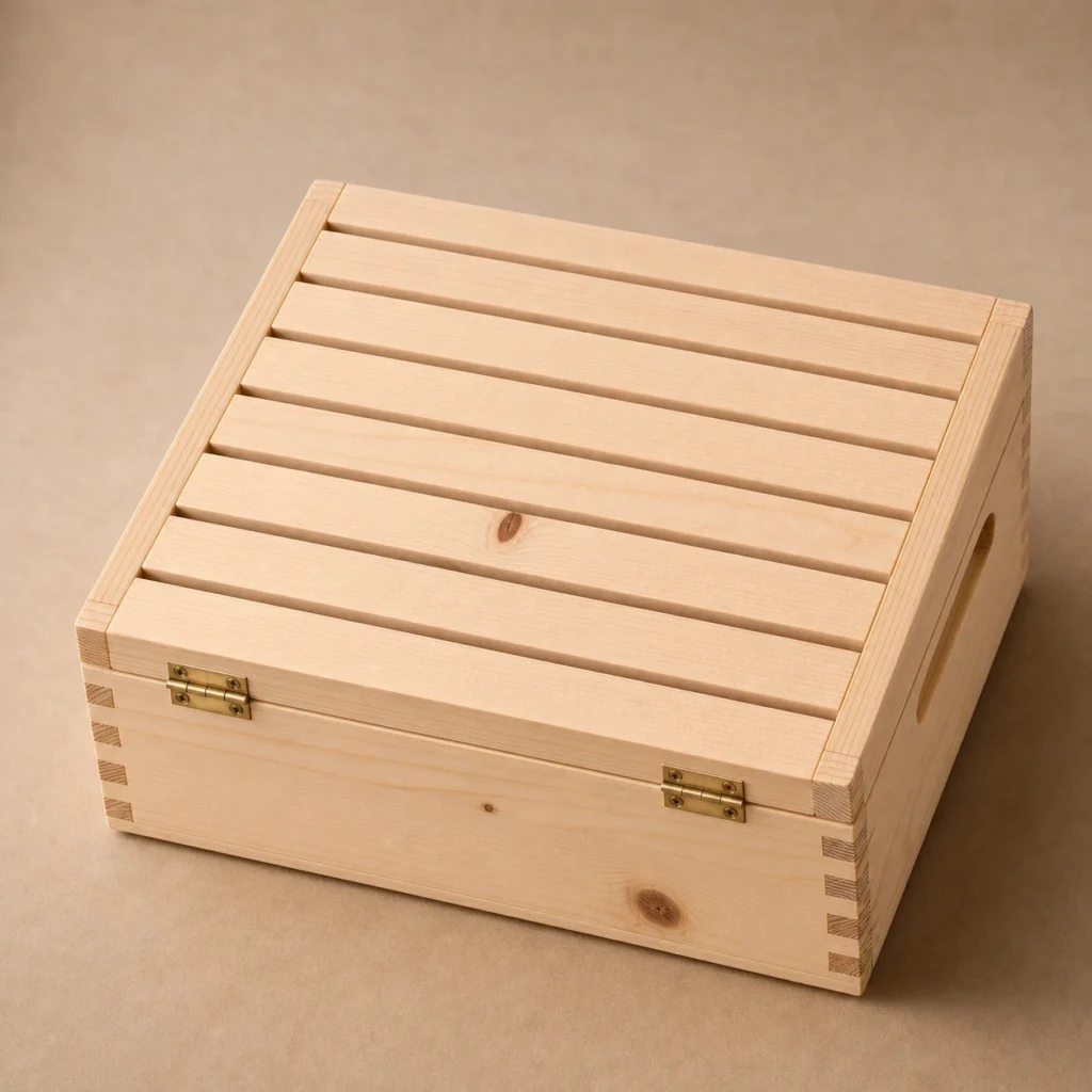 dried fruit hamper wood case in pine crate style closed front view