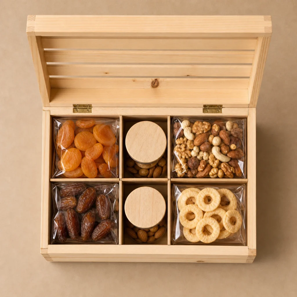 dried fruit hamper wood case in pine crate style top down interior view