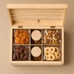 dried fruit hamper wood case in pine crate style top down interior view