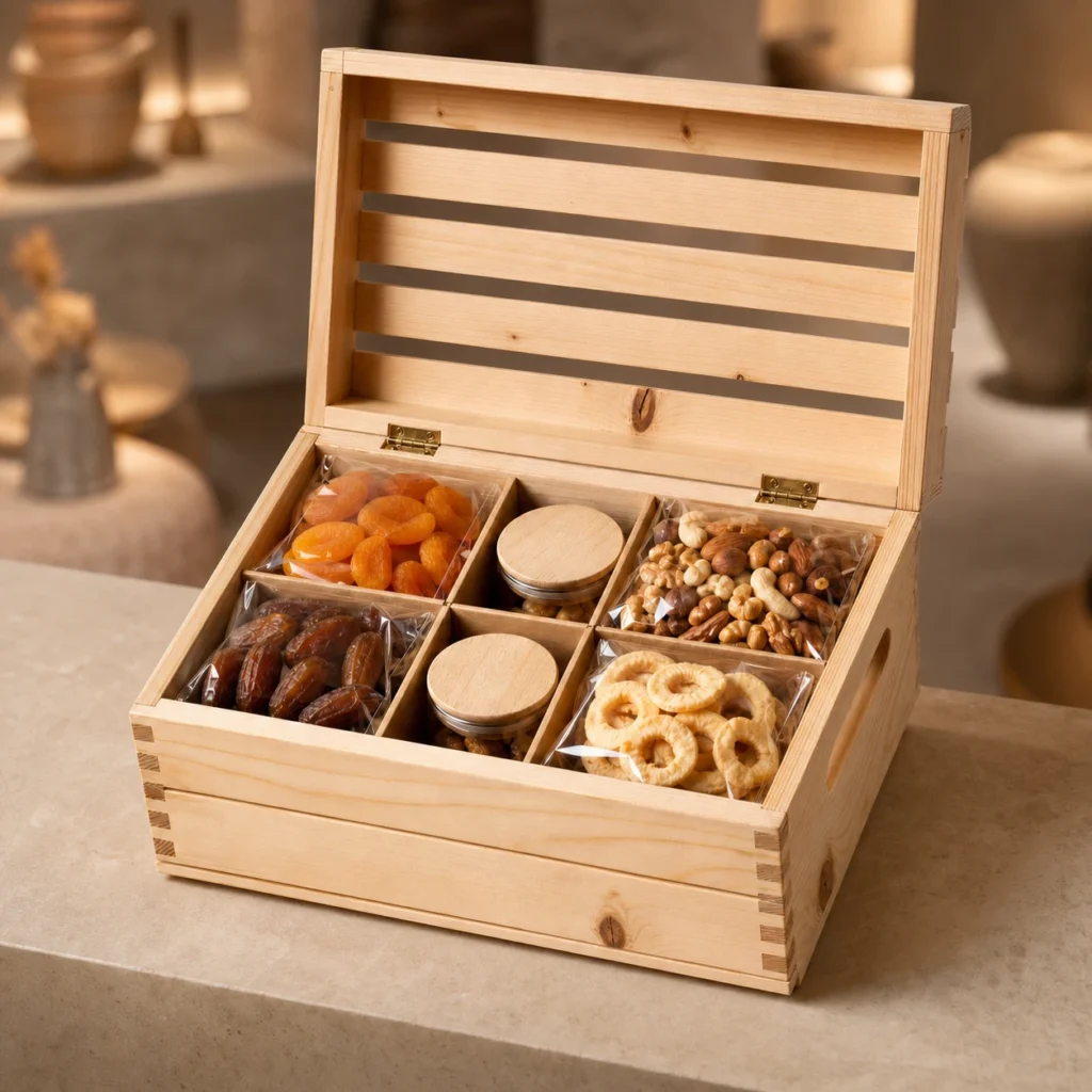 dried fruit hamper wood case in pine crate style showroom application scene