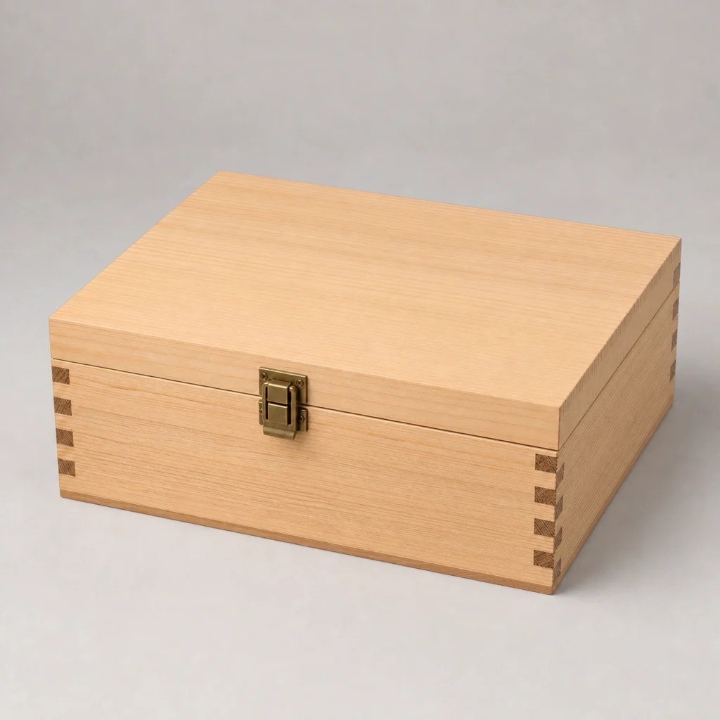 compressed tea brick wood box in natural pine closed front view
