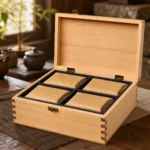 compressed tea brick wood box in natural pine showroom application scene