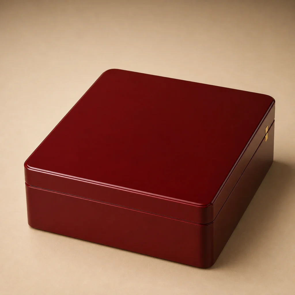 festival mooncake wooden box in red lacquer closed front view