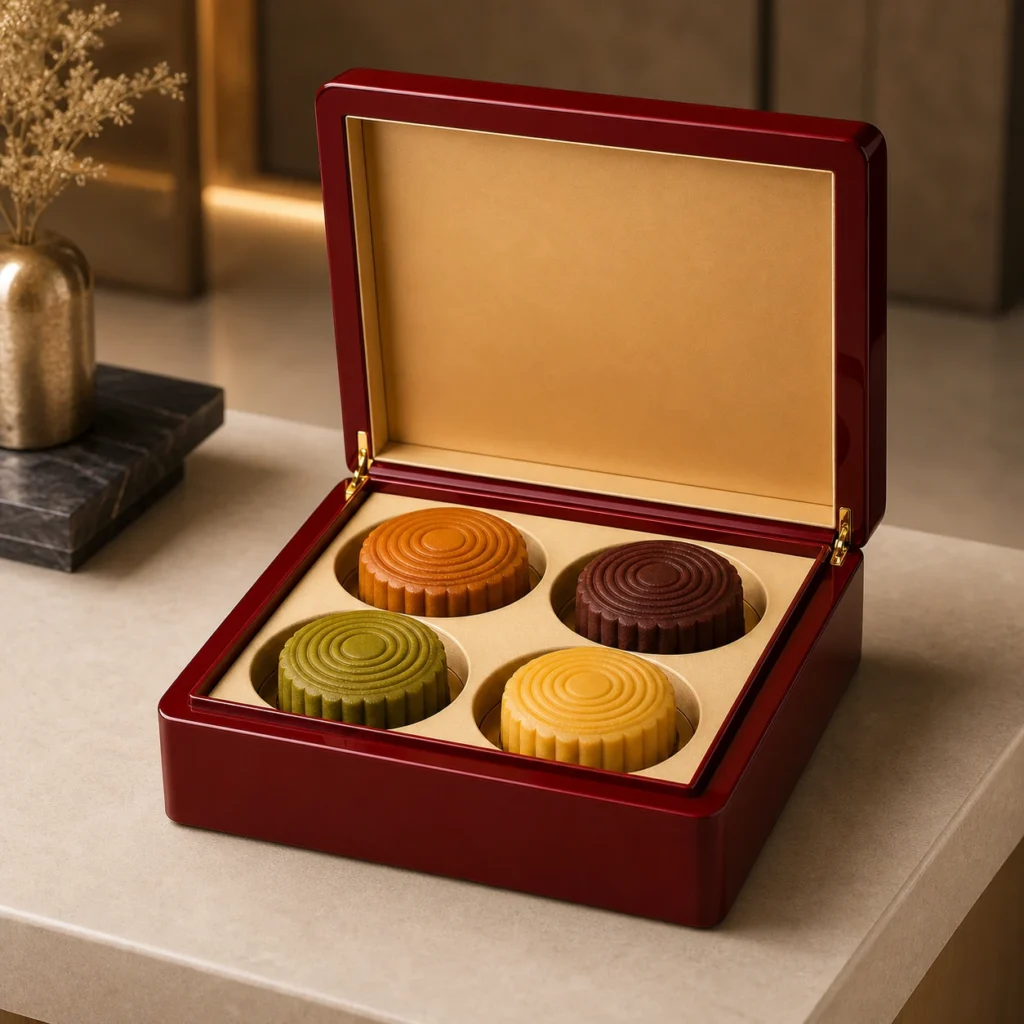 festival mooncake wooden box in red lacquer showroom application scene