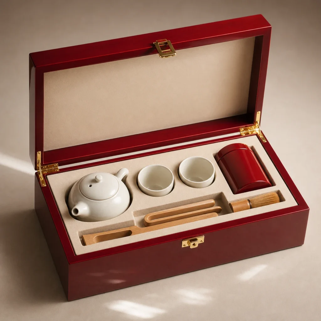Tea Ceremony Set Wood Case in Red Piano Lacquer