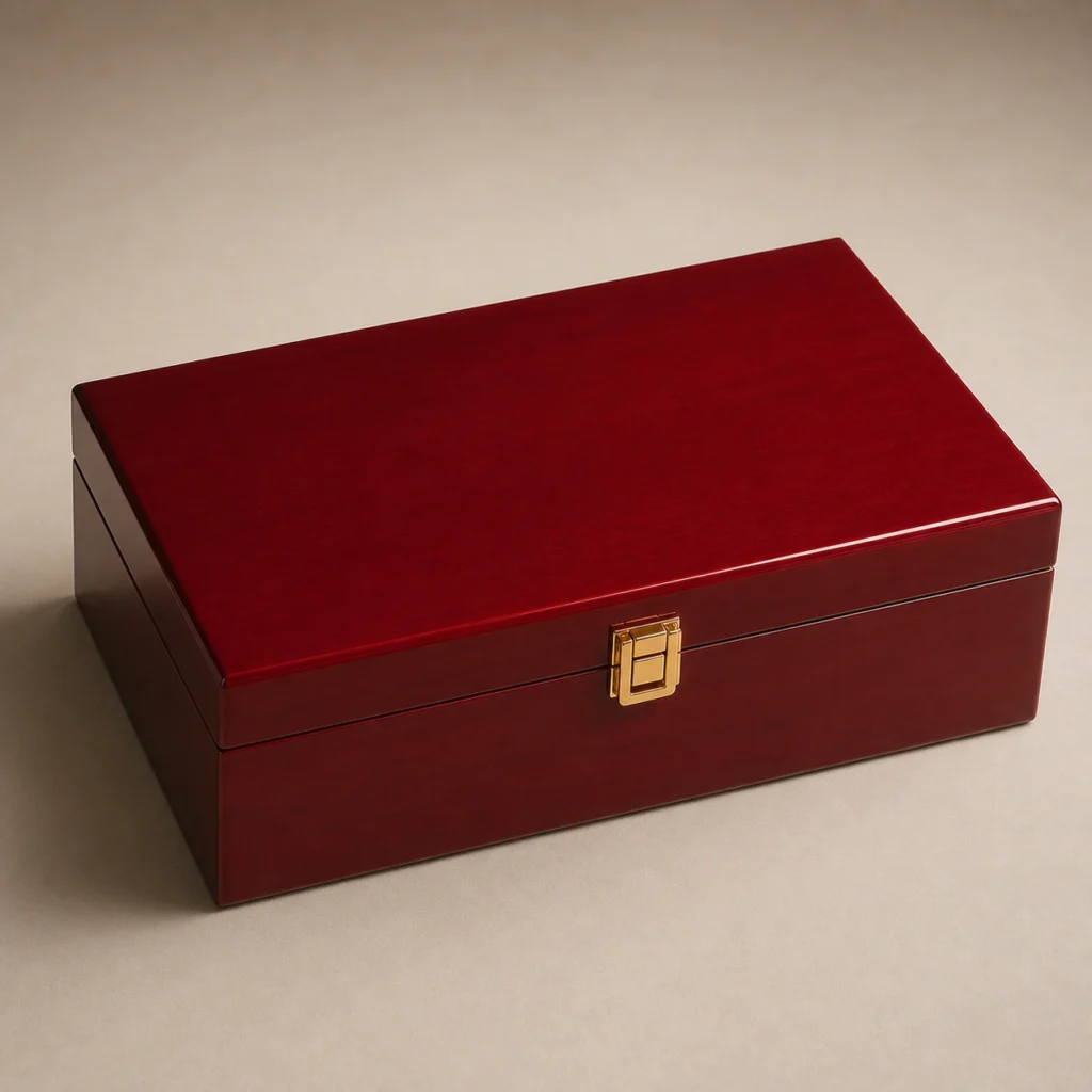 tea ceremony set wood case in red piano lacquer closed front view