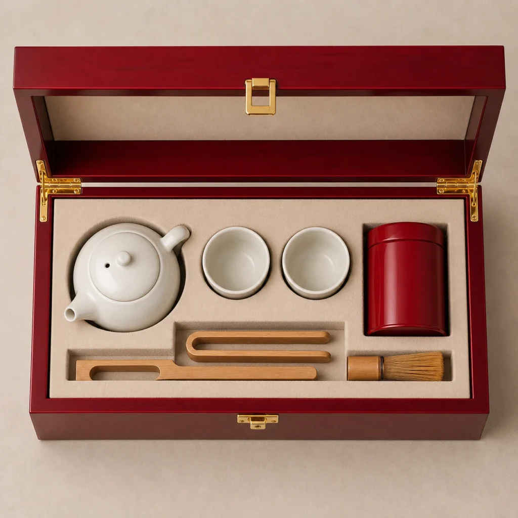 tea ceremony set wood case in red piano lacquer top down interior view