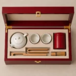 tea ceremony set wood case in red piano lacquer top down interior view