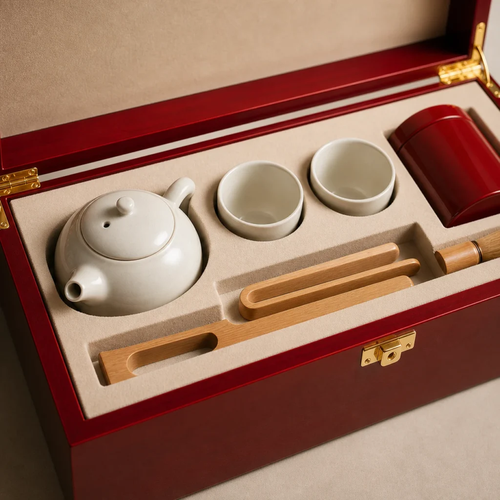 tea ceremony set wood case in red piano lacquer craft and finish detail