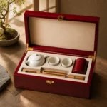 tea ceremony set wood case in red piano lacquer showroom application scene