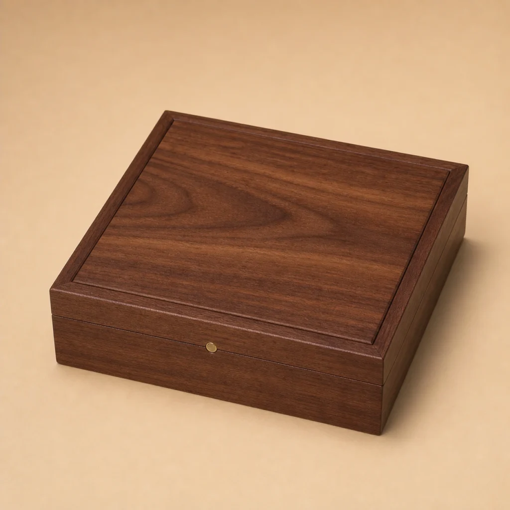 artisan chocolate assortment wooden box with walnut finish closed front view