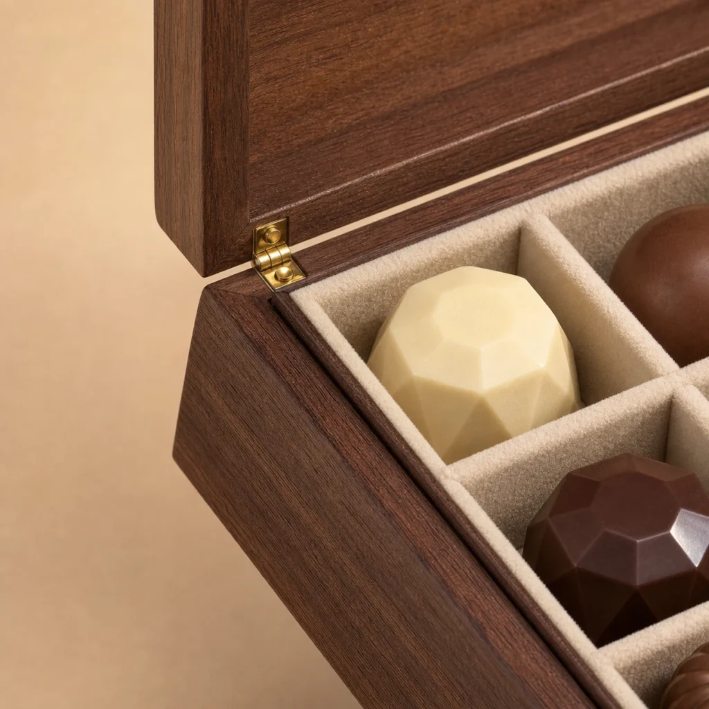 artisan chocolate assortment wooden box with walnut finish craft and finish detail