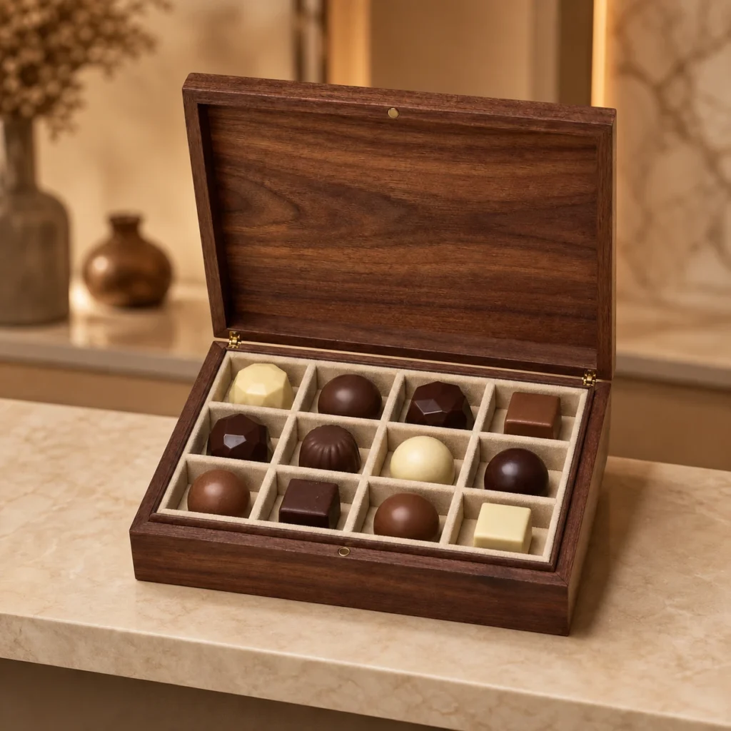 artisan chocolate assortment wooden box with walnut finish showroom application scene