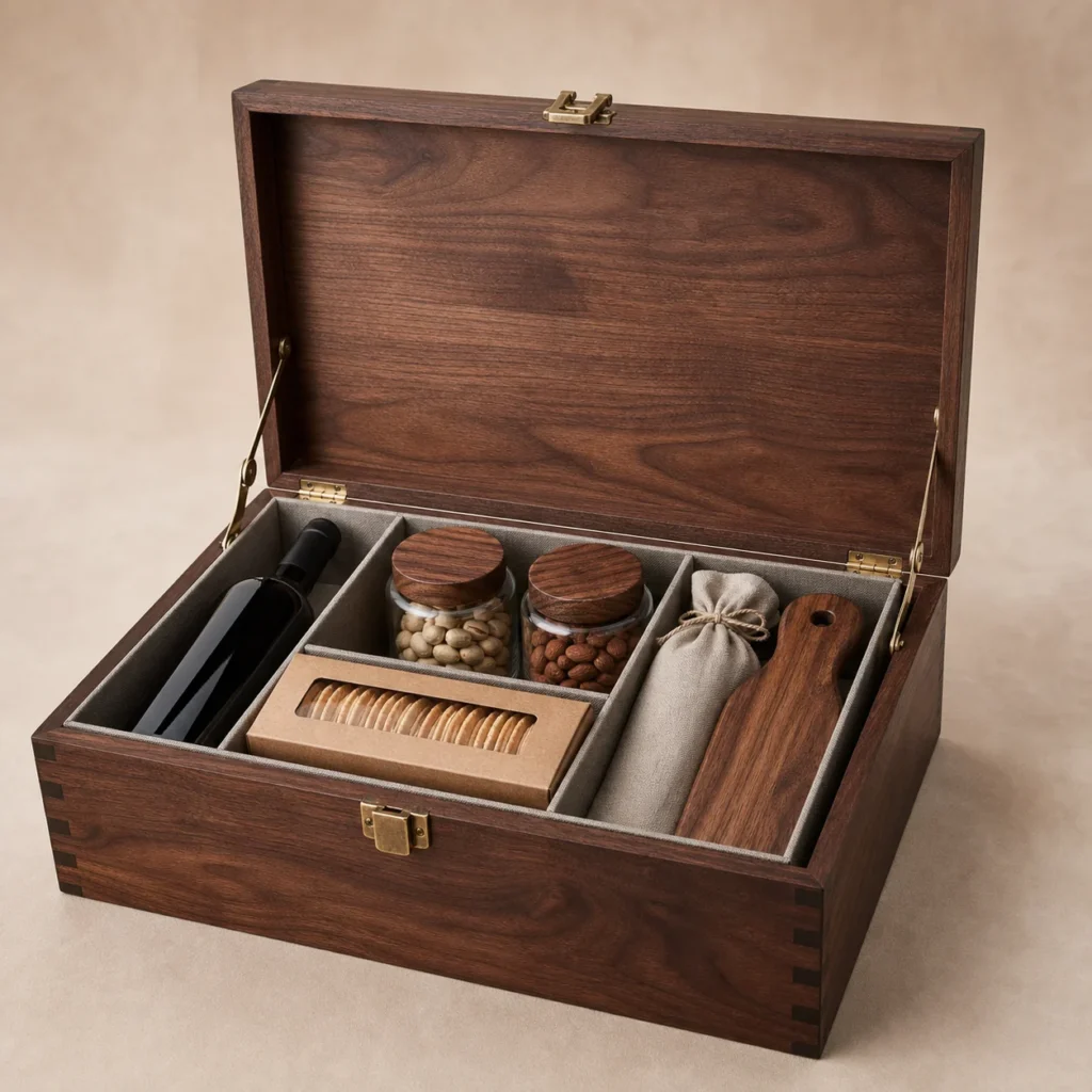 Gourmet Food Hamper Wooden Box with Modular Compartments