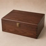 gourmet food hamper wooden box with modular compartments closed front view