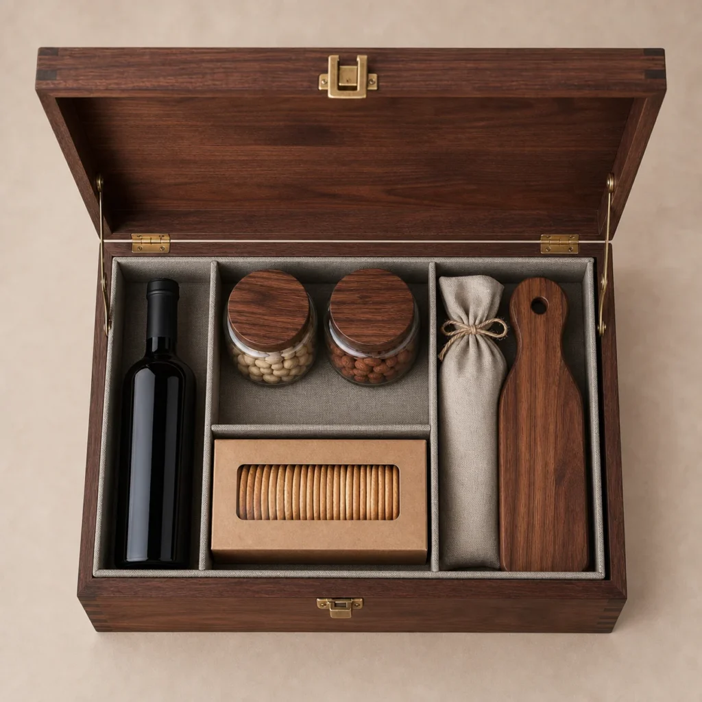 gourmet food hamper wooden box with modular compartments top down interior view